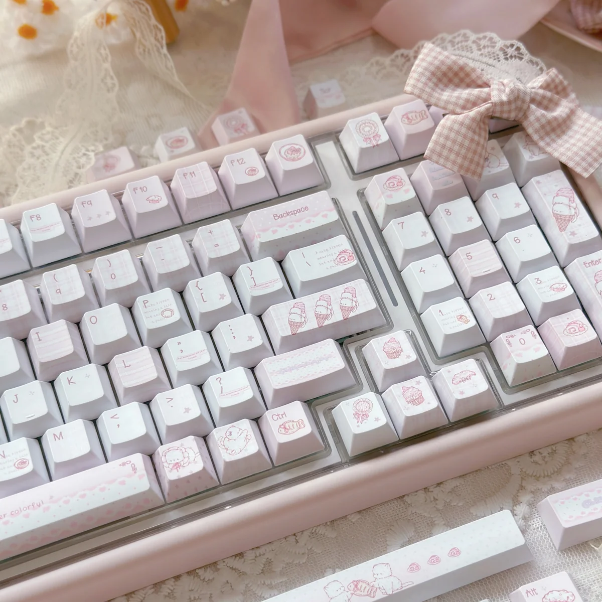 Full layout of 130 Dessert Cat keycaps with various sizes