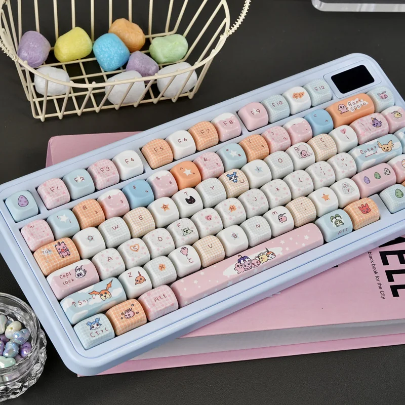 Full Digimon Characters PBT MOA Profile Keycap Set on a mechanical keyboard, showcasing vibrant anime designs and ergonomic profile.