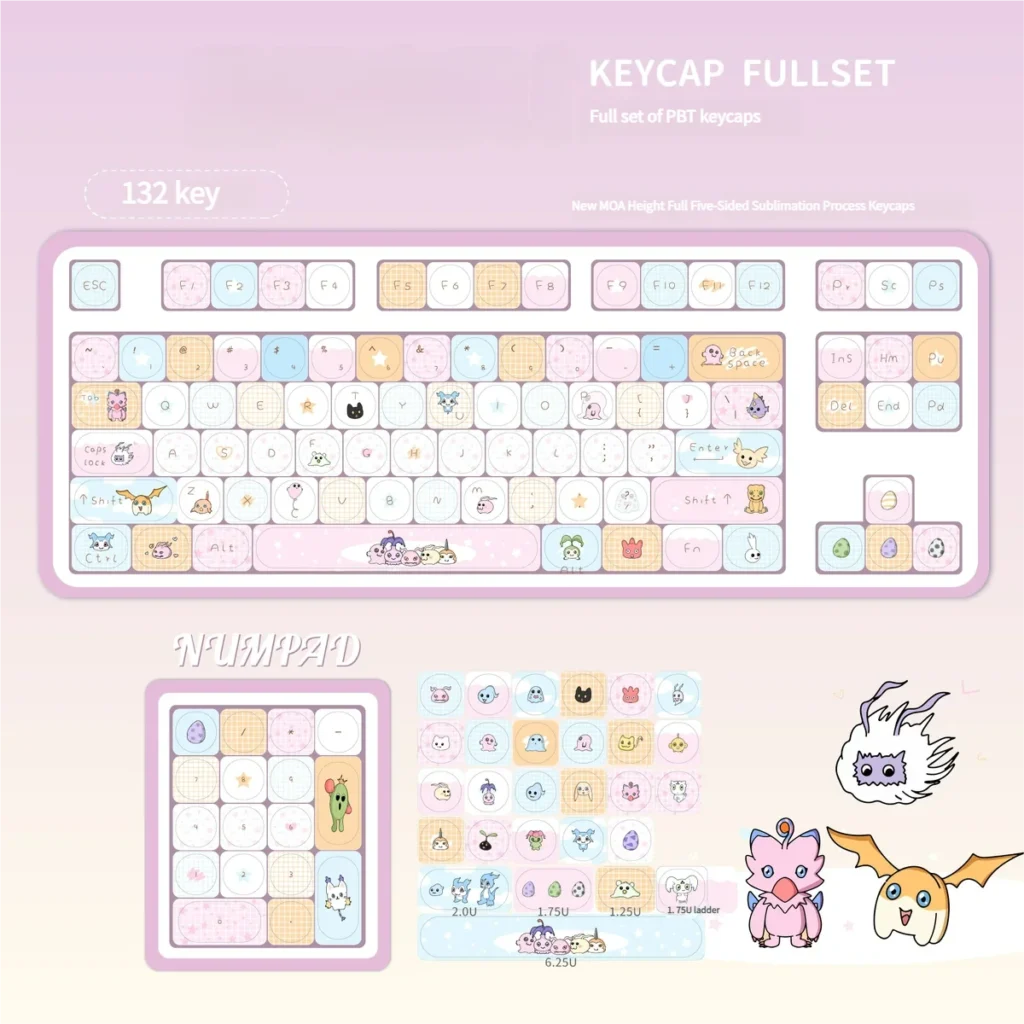 Angled view of the Digimon keycaps, capturing the playful aesthetic and quality craftsmanship.