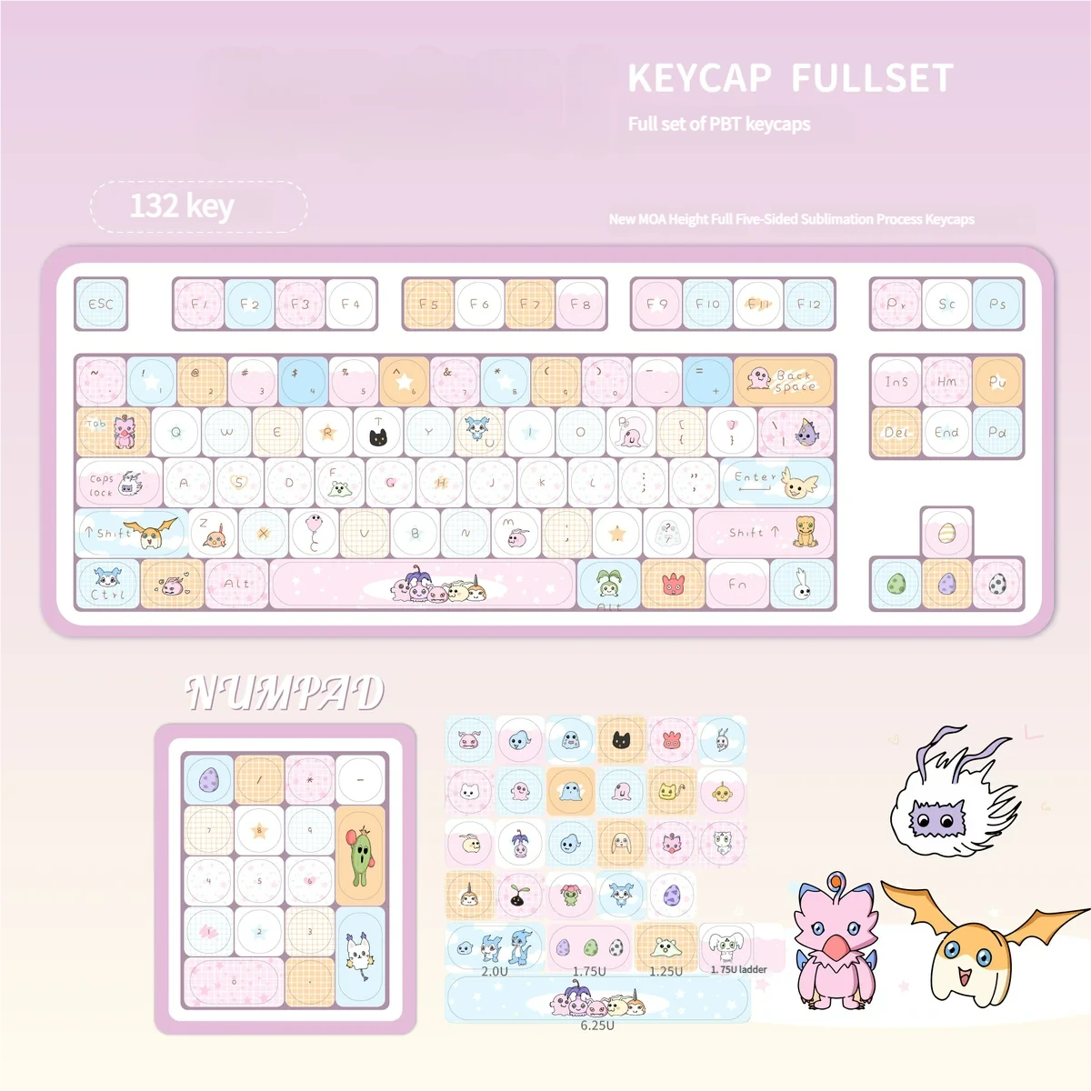 Angled view of the Digimon keycaps, capturing the playful aesthetic and quality craftsmanship.