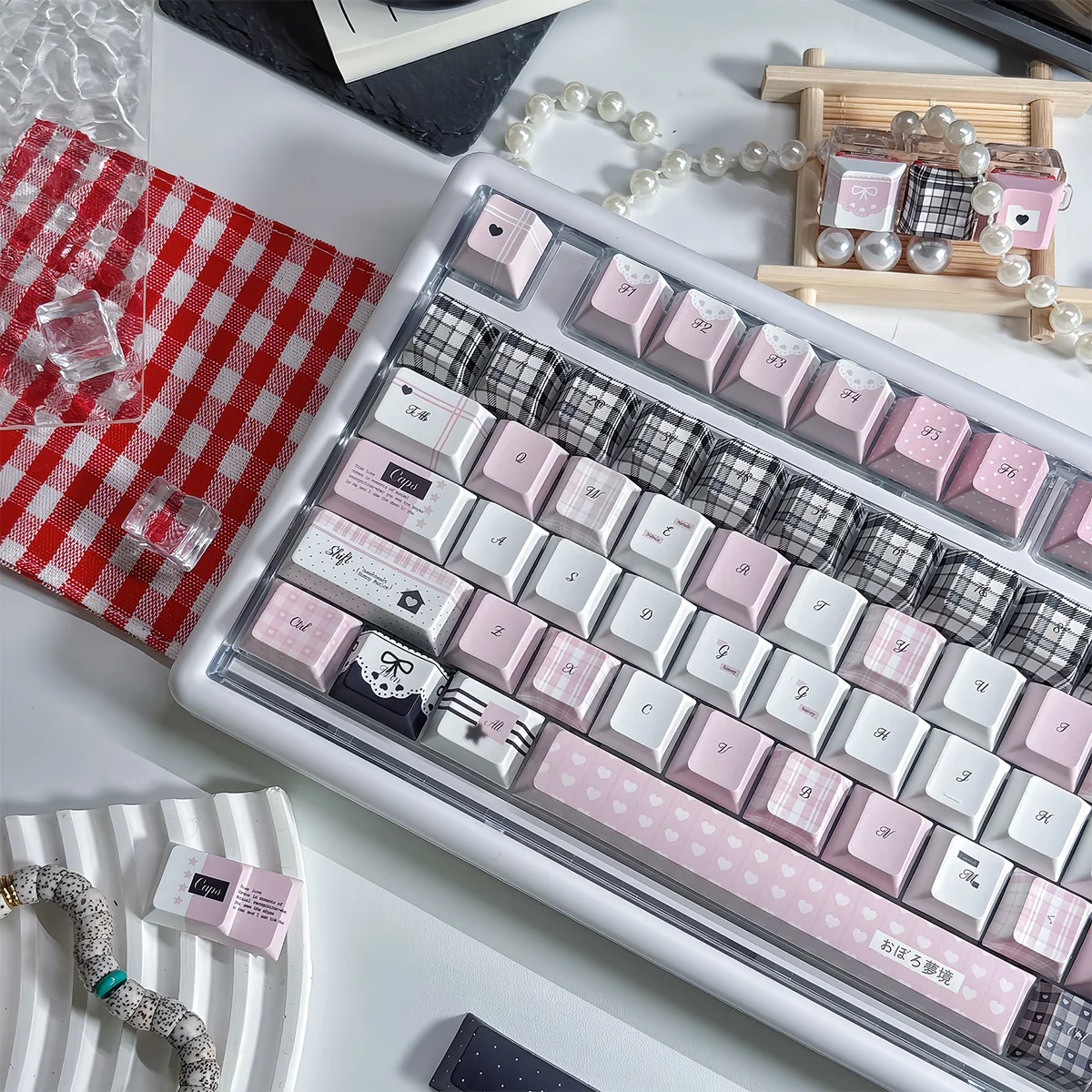 Close-up of Dreamscape PBT keycaps showing dye-sublimated legends and Cherry profile