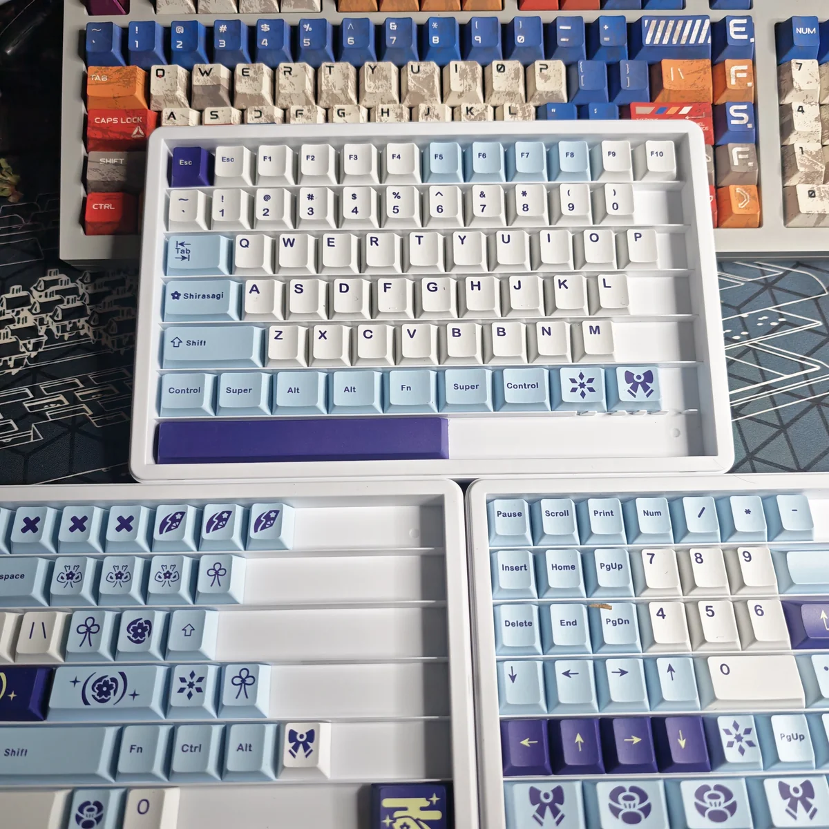 Angle view of Egret Cherry Keycap Set Elegant Egret design showing color layering and layout presence