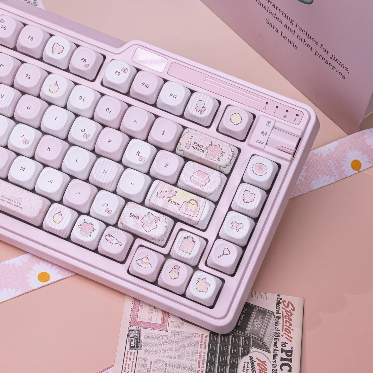 Ergonomic MOA profile keycaps demonstrating their sculpted, rounded tops designed for comfortable typing.