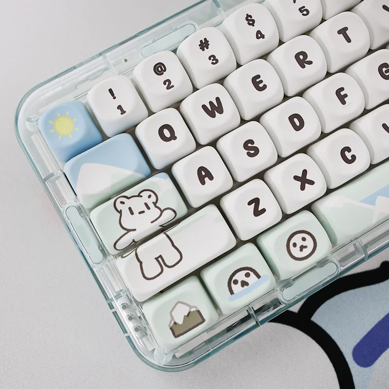 Detail shot of a Glacier Bear keycap, emphasizing the quality of the dye-sublimation and PBT plastic.