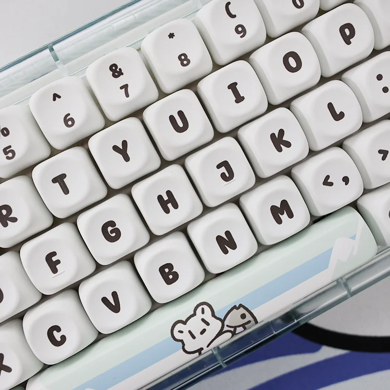 Close-up of Glacier Bear keycaps, demonstrating the smooth texture of PBT material and crisp legends.