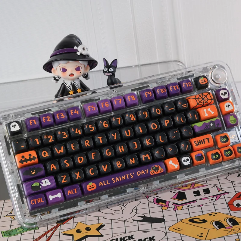 Full Halloween MOA Profile PBT Dye-sub Keycap Set on a dark mechanical keyboard, showcasing vibrant pumpkin, ghost, and bat motifs.