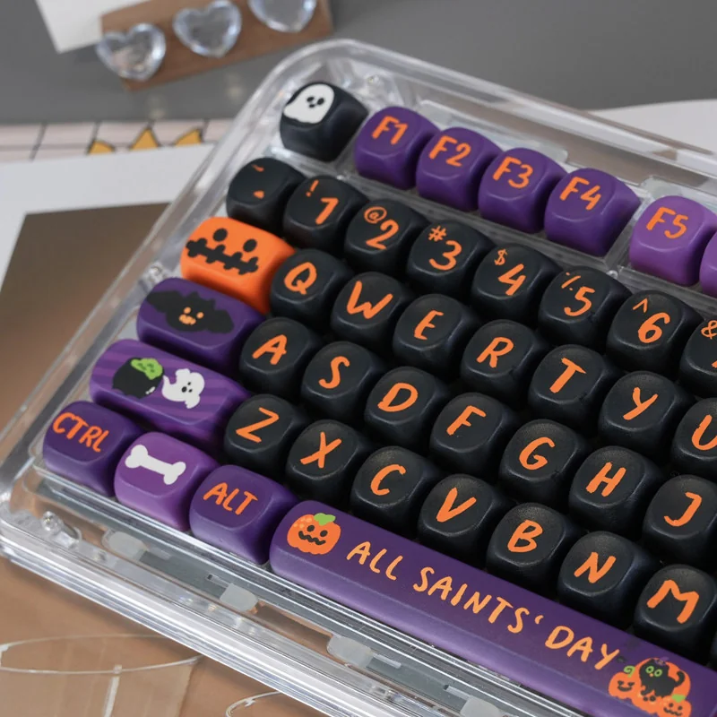 Close-up view of Halloween themed PBT keycaps, highlighting dye-sublimated legends and MOA profile.