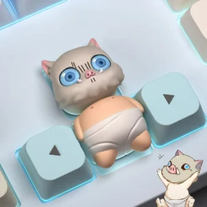Close-up of Inosuke Hashibira artisan keycap, showcasing the detailed boar mask and fierce eyes, on a mechanical keyboard.