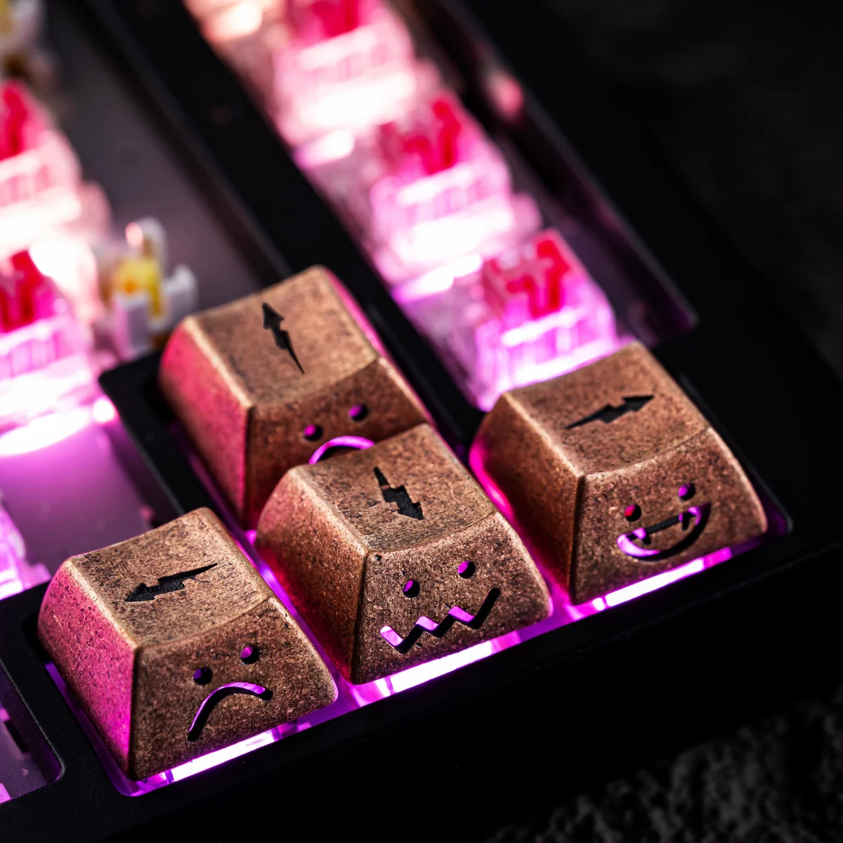 Close-up view of the side-engraved lightning details on the Copper keycap