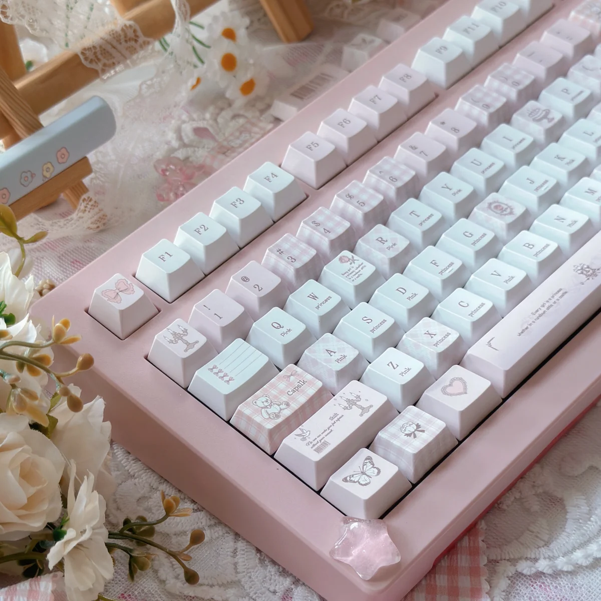 Full layout shot of the 130-key Love Alarm set, displaying keycap variations and compatibility.