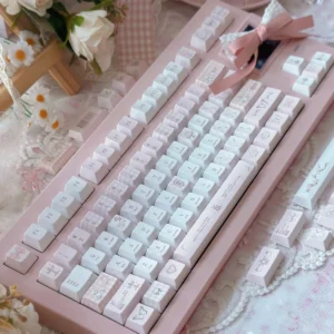 Love Alarm PBT Dye-Sub Cherry Profile Keycap Set on a white mechanical keyboard, showcasing romantic motifs.