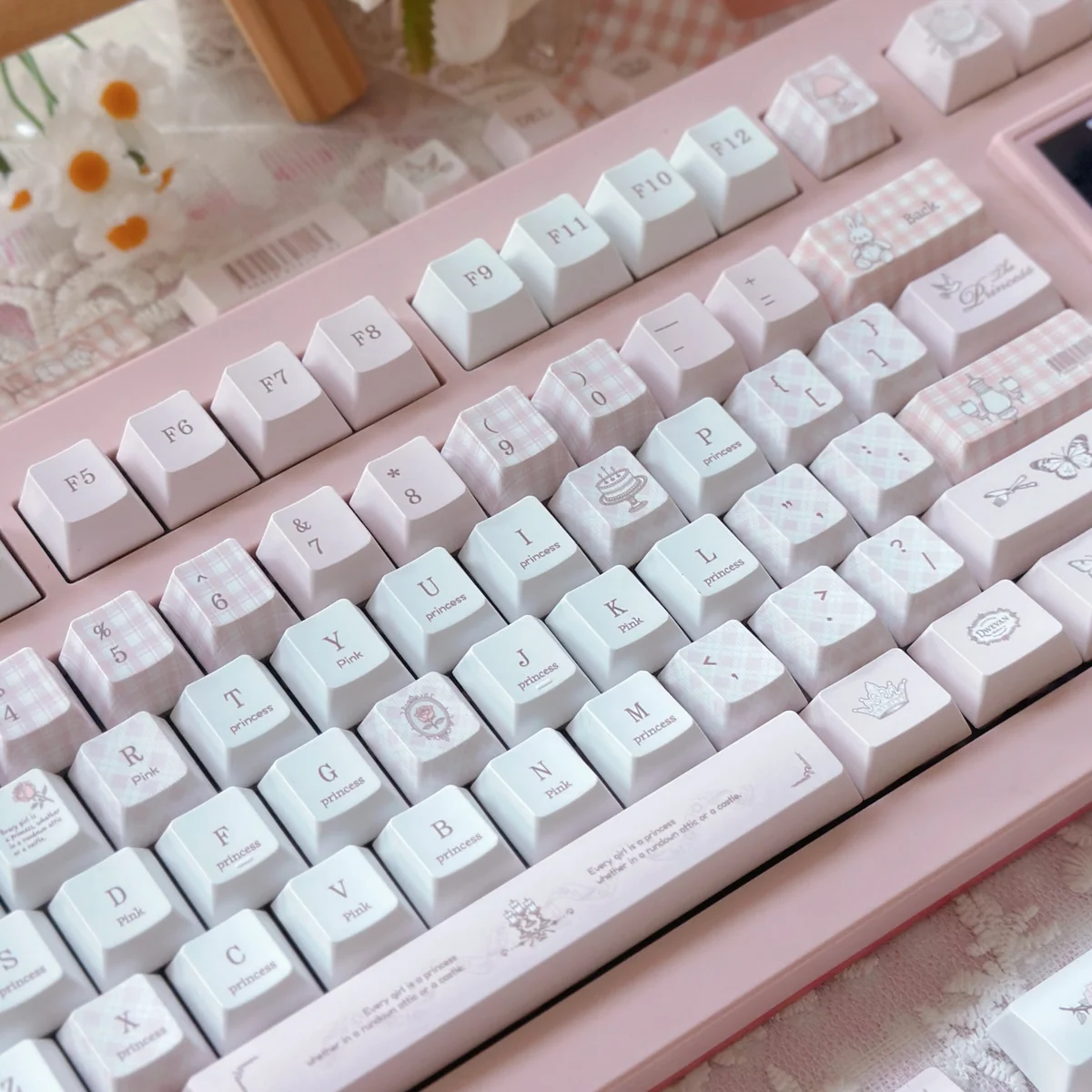 Close-up view of Love Alarm keycaps, highlighting the crisp dye-sublimated legends and PBT texture.