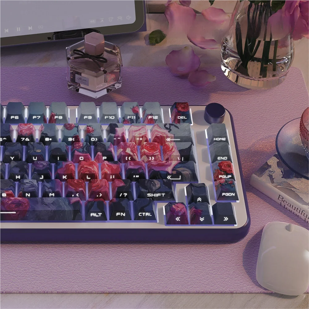 Monet Art Cherry Keycap Monet oil painting PBT installed on a mechanical keyboard setup