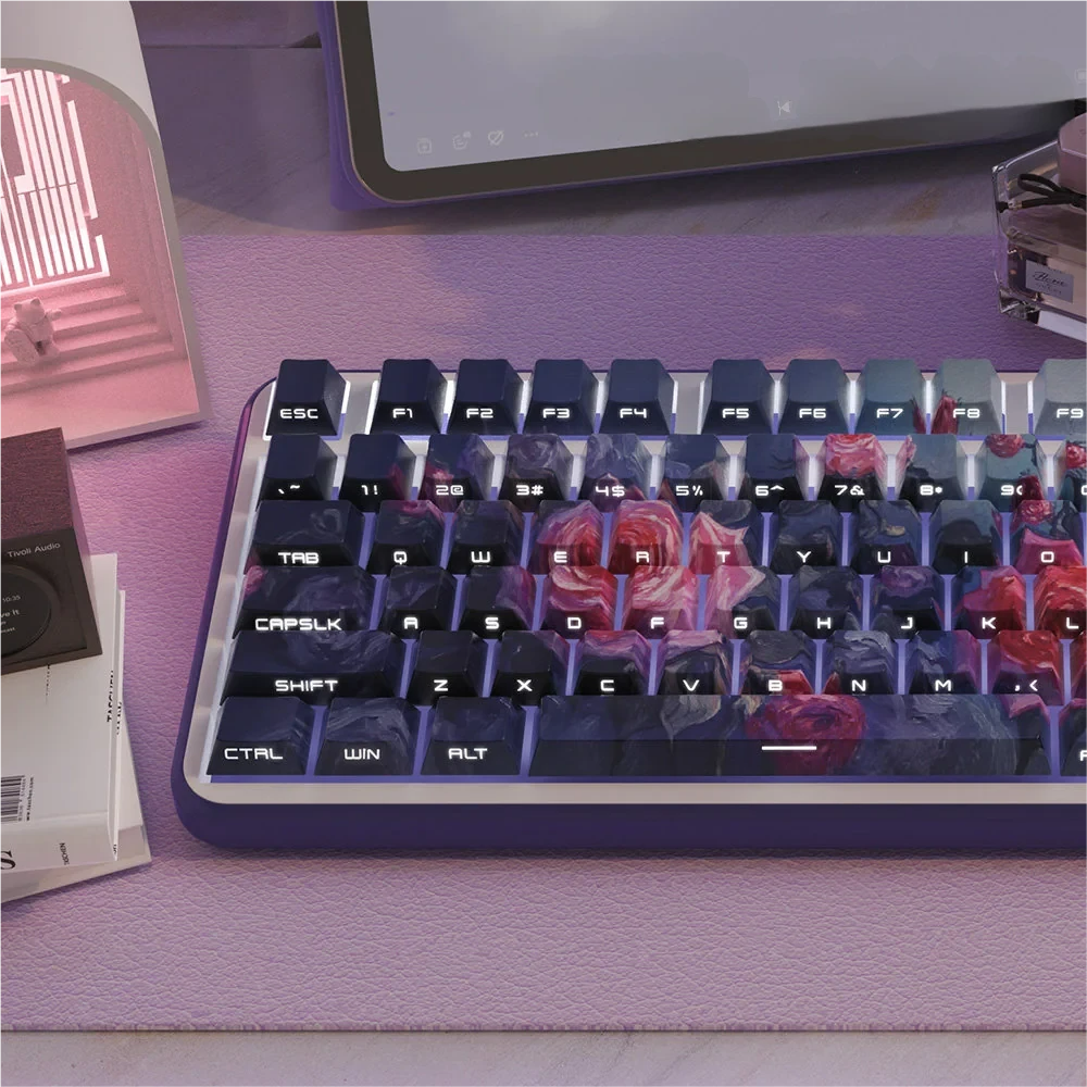 Side profile of Monet Art Cherry Keycap Monet oil painting PBT showing keycap set shape and fit