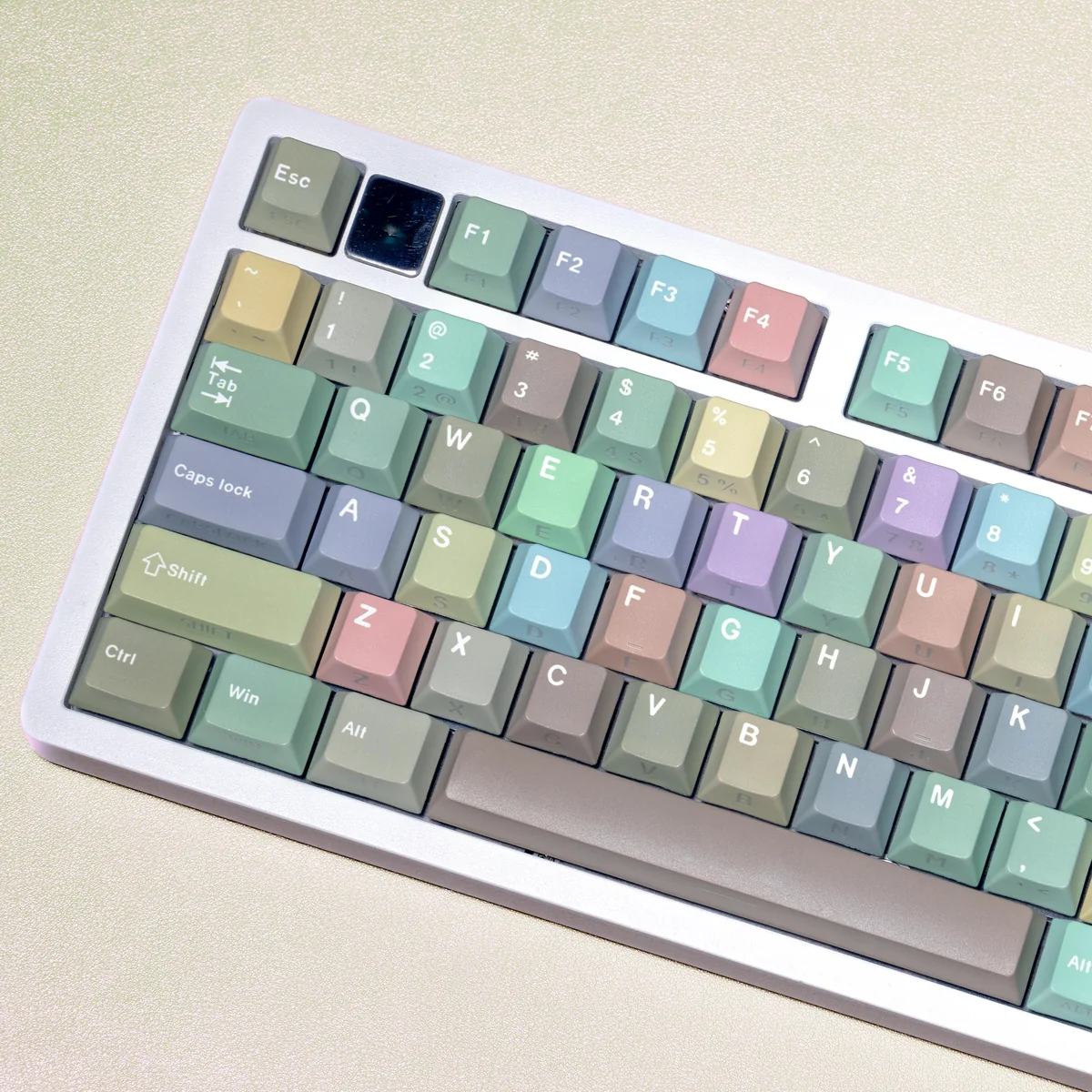 Close-up of Morandi Cherry profile keycaps showing PBT texture
