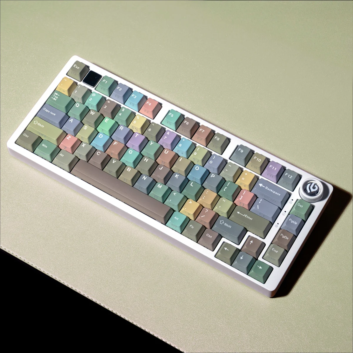 Morandi keycap set with side-print legends on a minimalist keyboard