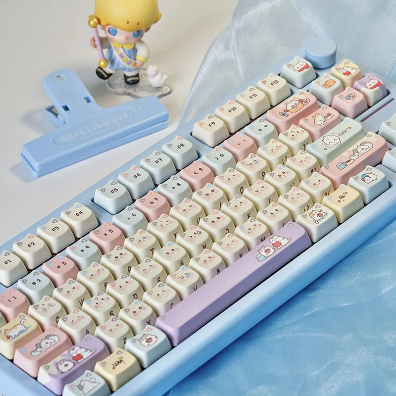 Keyboard with Hide-and-Seek Cat keycaps from a top-down view