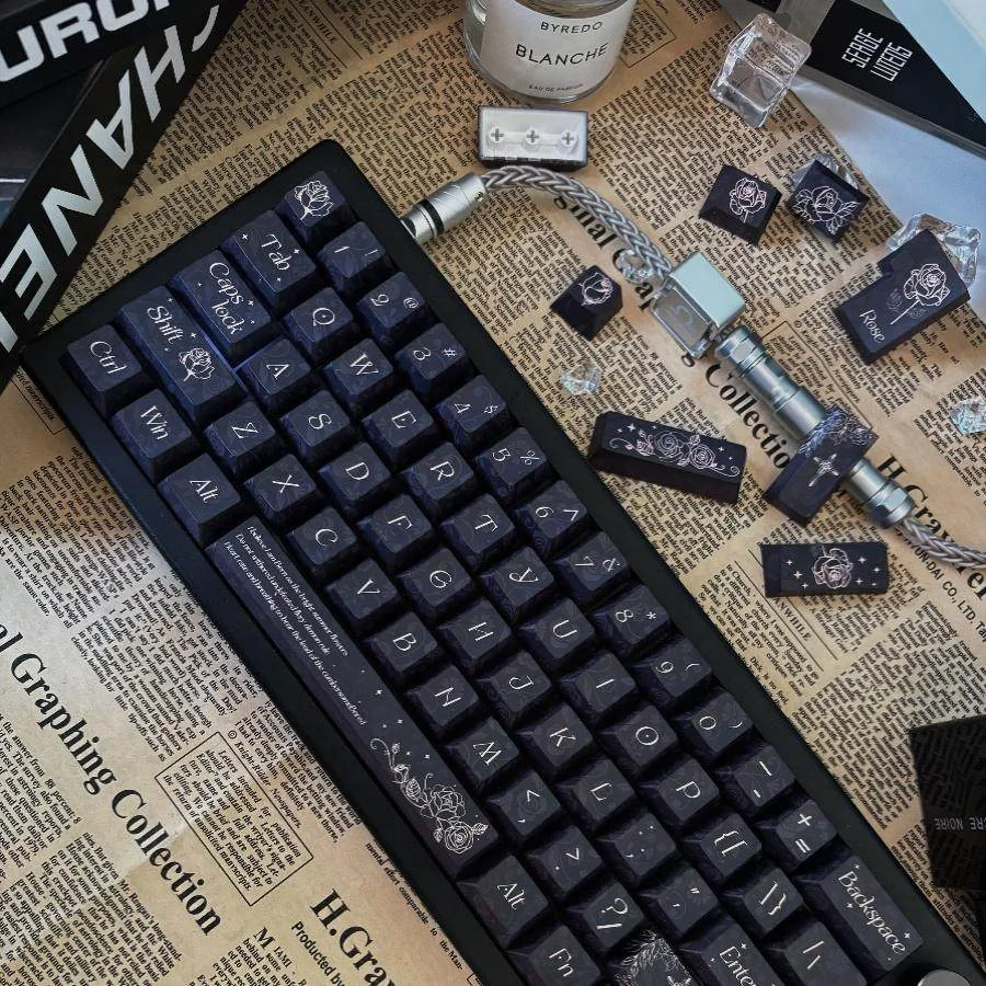 Angled shot of the Rose Keycap Set, demonstrating the ergonomic Cherry profile and PBT material texture.