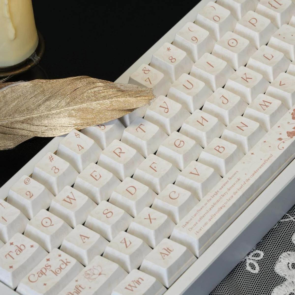 Lifestyle image of the Rose Keycap Set integrated into a clean desk setup with matching floral accessories.