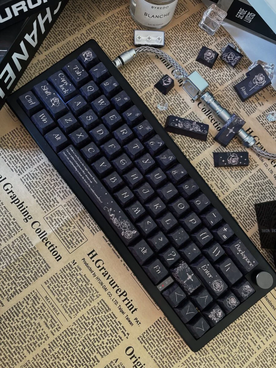 Comparison image illustrating the thickness and texture difference between PBT Rose Keycaps and standard ABS keycaps.