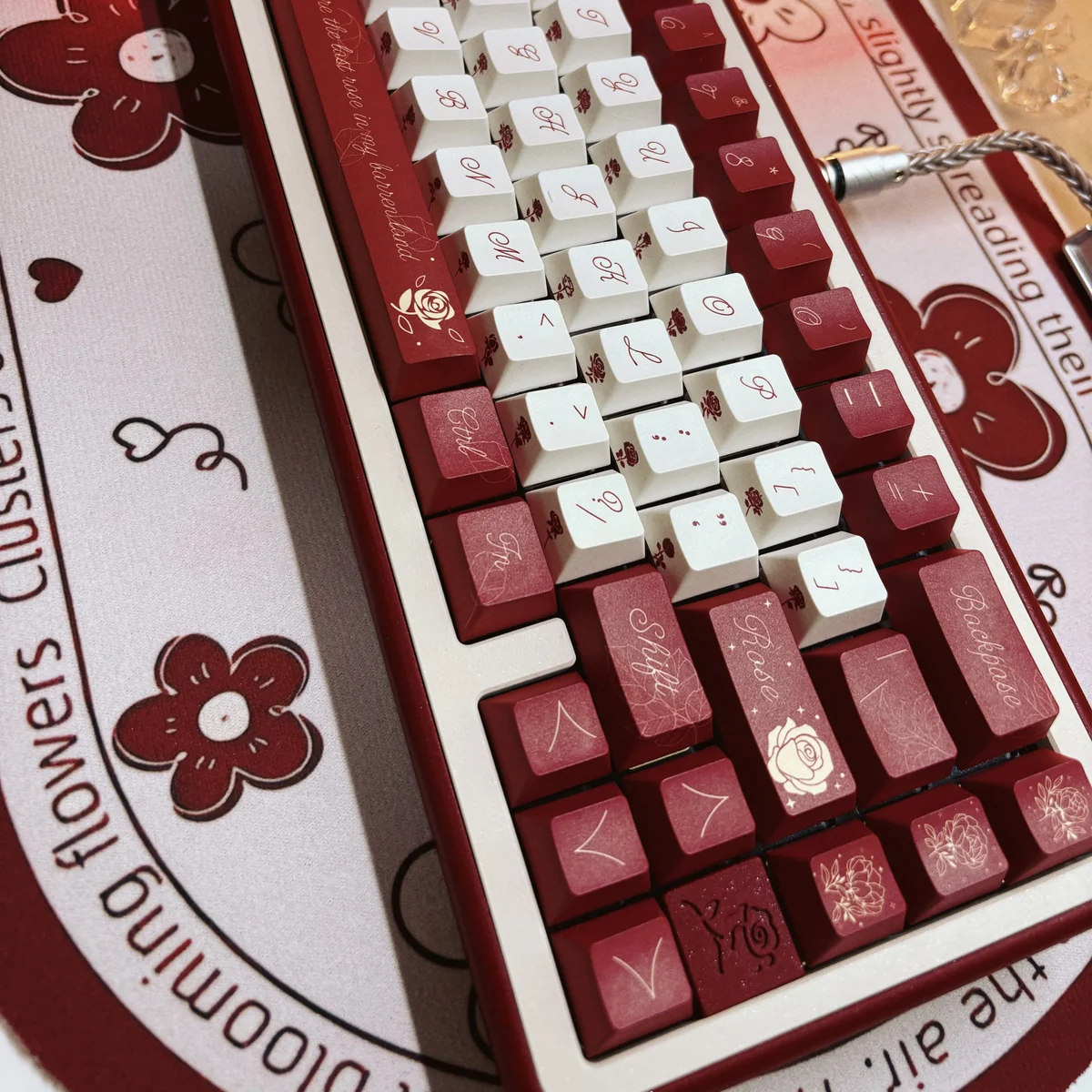 Close-up of PBT Dye-Sublimated Rose Keycap Texture and Detail