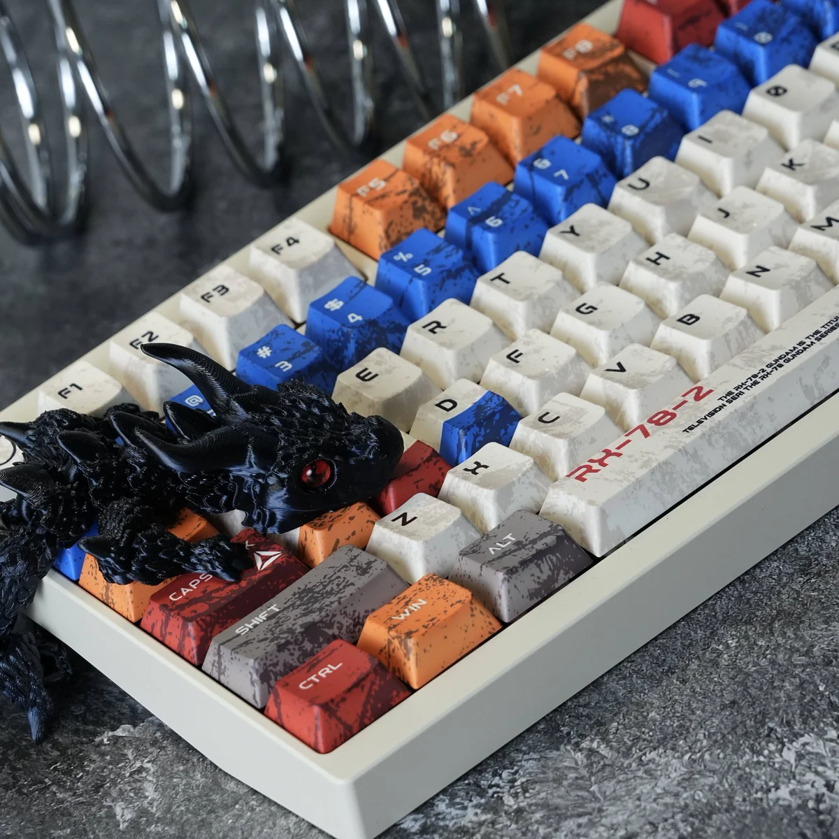 Close-up of battle-worn RX-78-2 Gundam keycap detailing