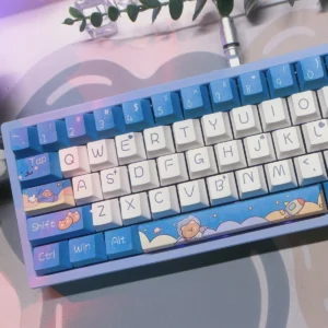 Space Bear PBT Keycap Set on mechanical keyboard, featuring whimsical astronaut bears and cosmic elements