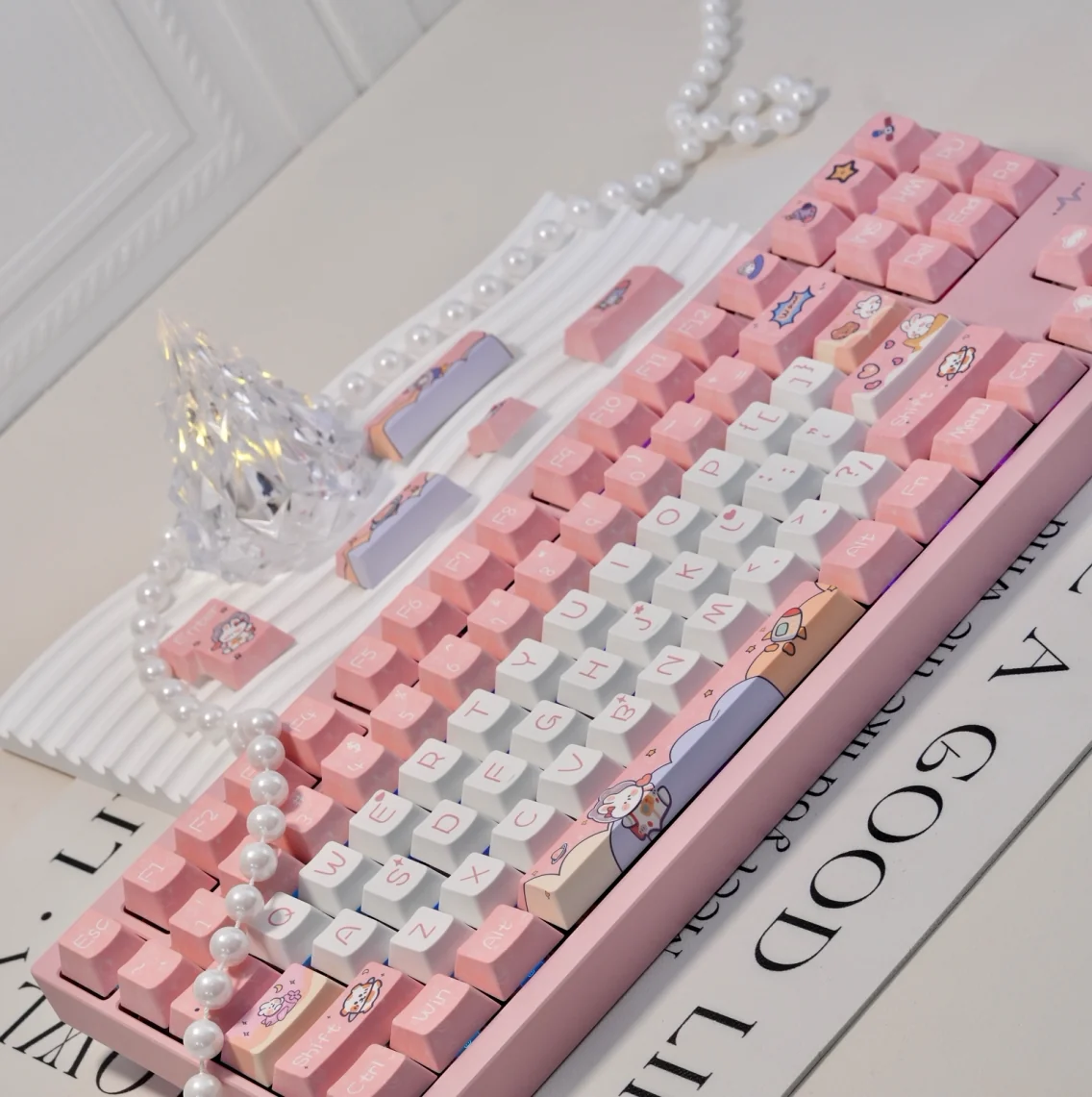 Angle view of Space Rabbit Cherry Keycap Unique Space Rabbit showing color layering and layout presence