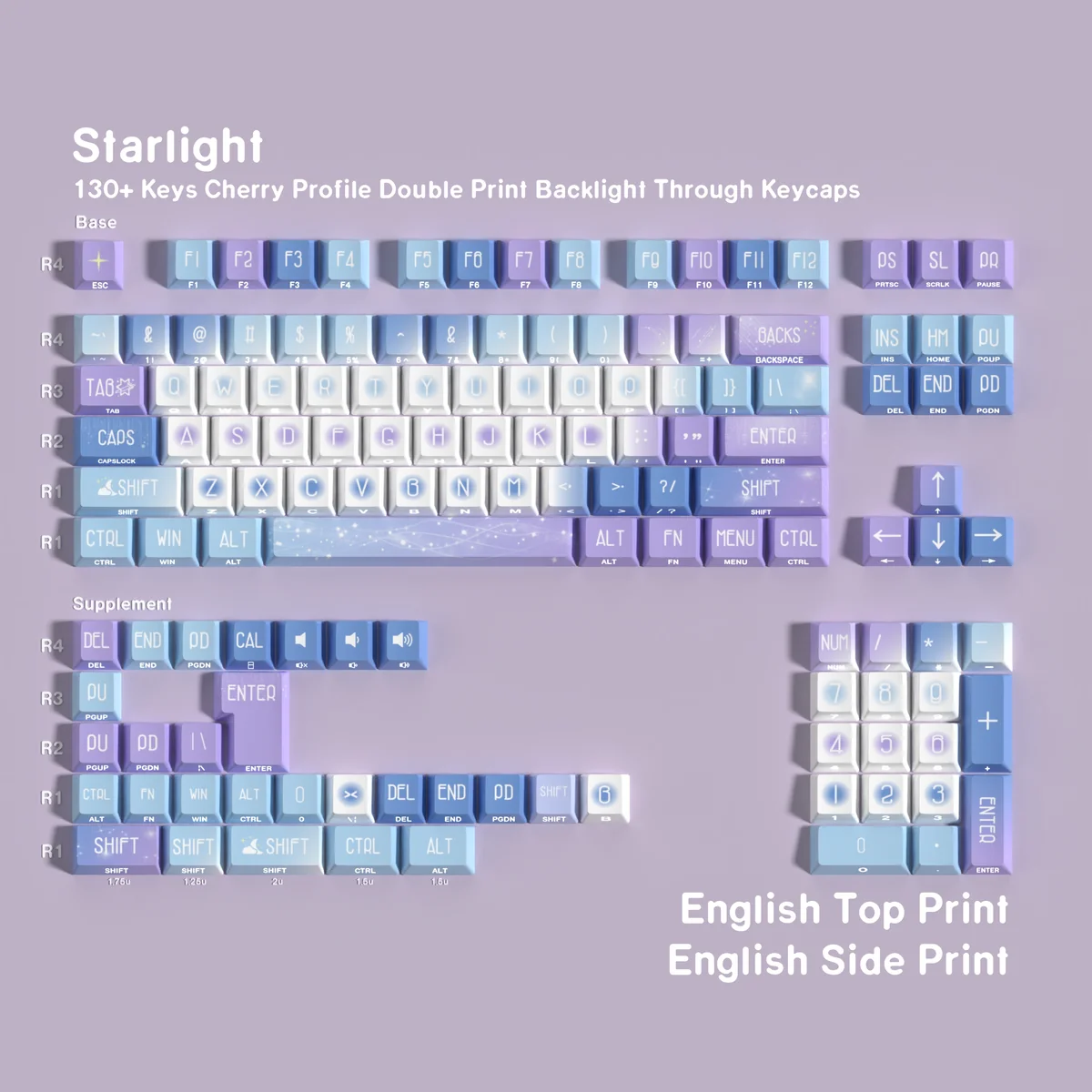 Angle view of Starlight Cherry Keycap Set Durable PBT showing color layering and layout presence
