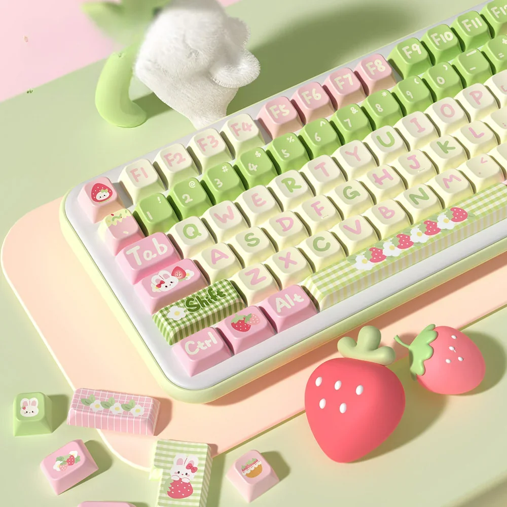 Detail shot of PBT material texture and Cherry profile shape of Strawberry Milk Rabbit keycaps