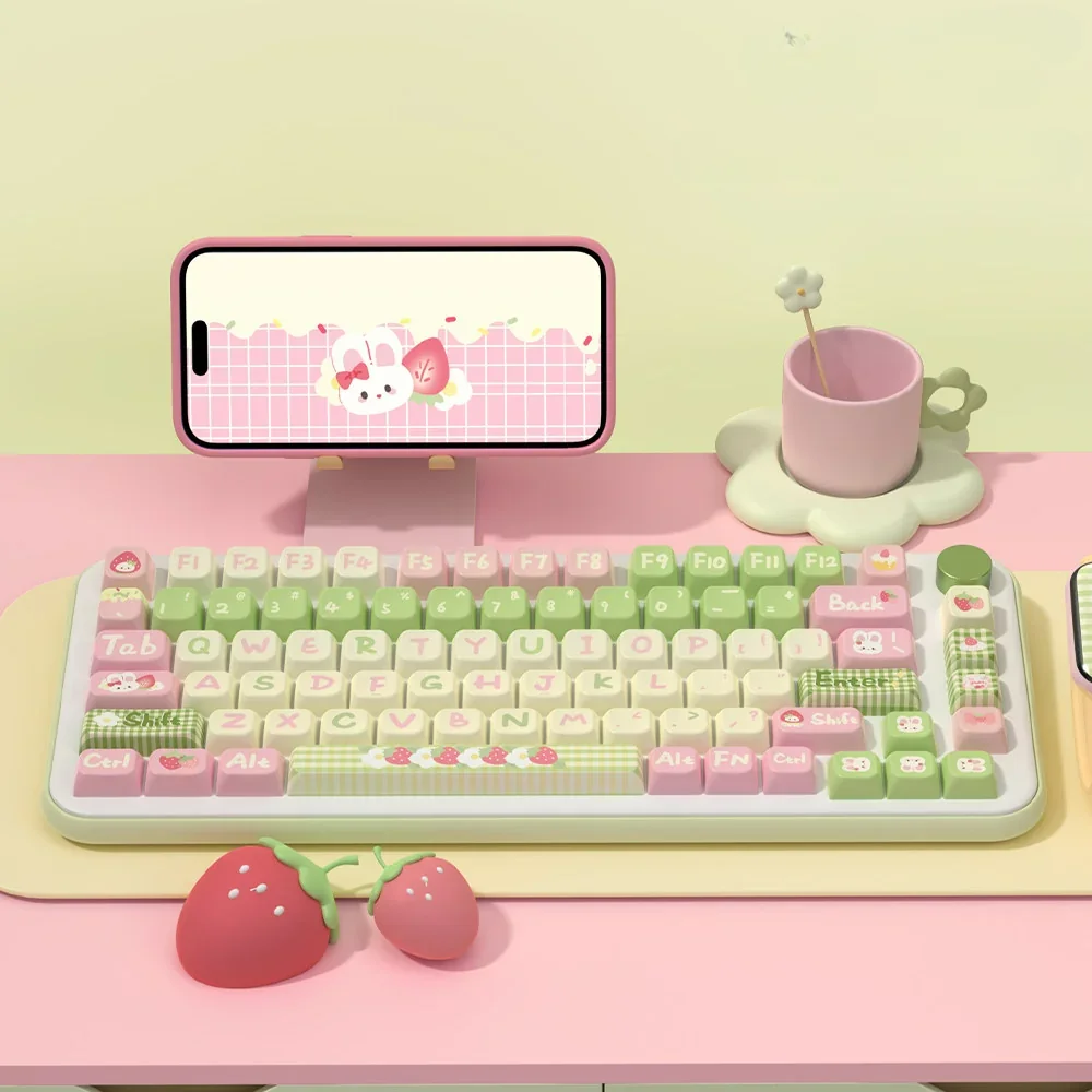 Strawberry Milk Rabbit PBT Keycap Set on a white keyboard, showcasing whimsical design