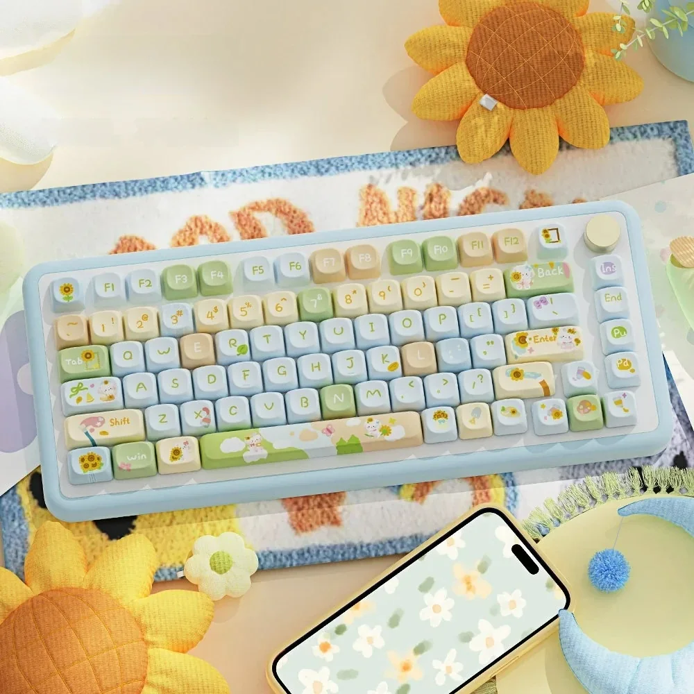 Vibrant Sunflower MOA PBT Keycap Set installed on a mechanical keyboard, showcasing cheerful yellow and green designs.