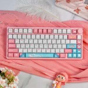 Full Sylveon PBT Dye-Sub Keycap Set on a mechanical keyboard, showcasing pastel colors.