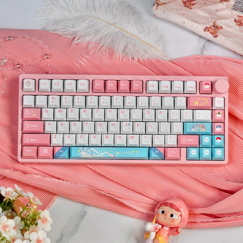 Full Sylveon PBT Dye-Sub Keycap Set on a mechanical keyboard, showcasing pastel colors.