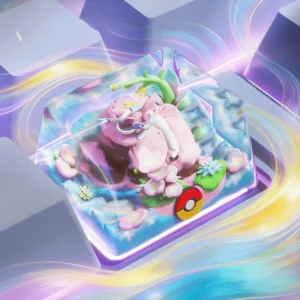 Sylveon Transparent Artisan Keycap glowing on a mechanical keyboard