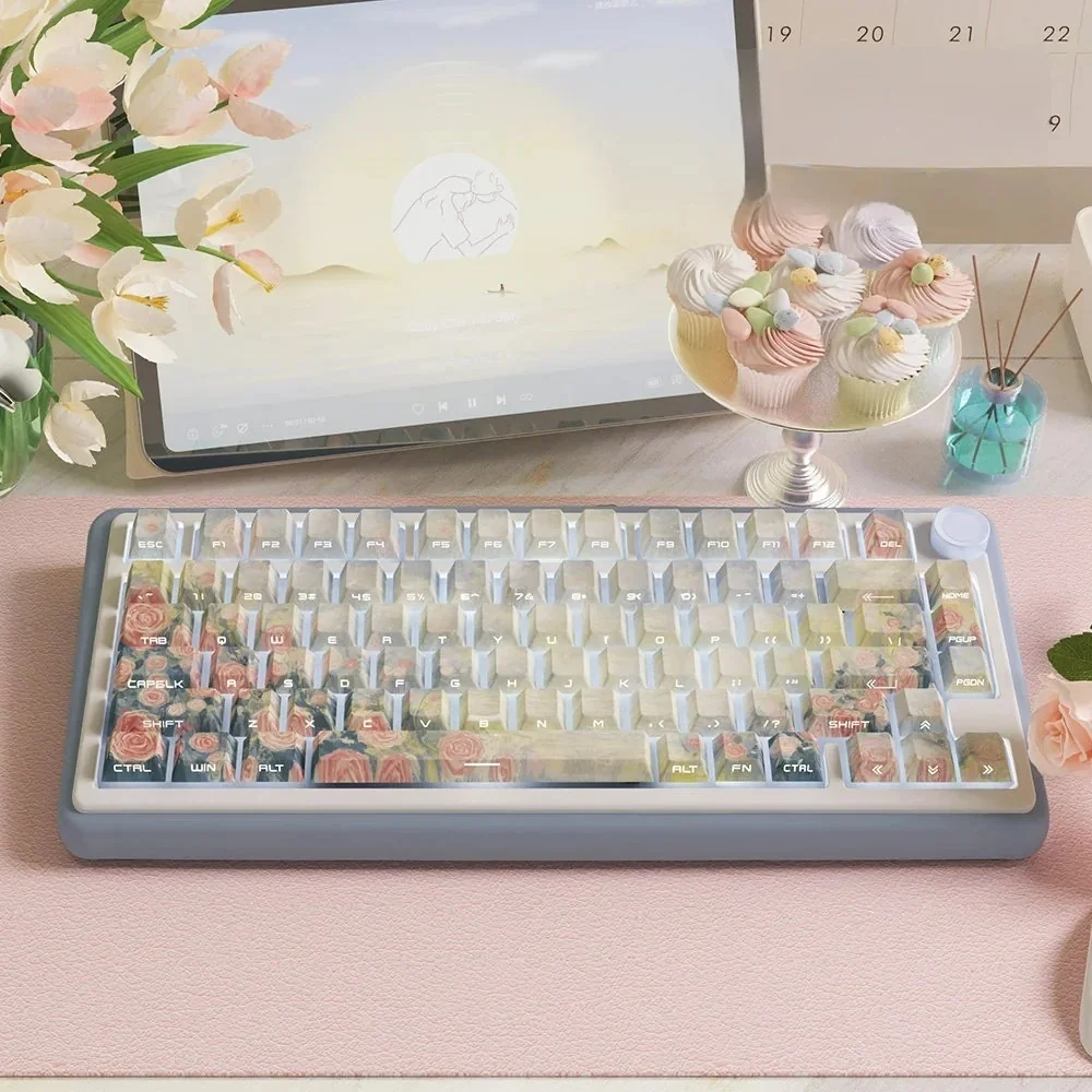 Twilight Song Cherry PBT Keycap Set on a dark keyboard, showcasing side-printed legends