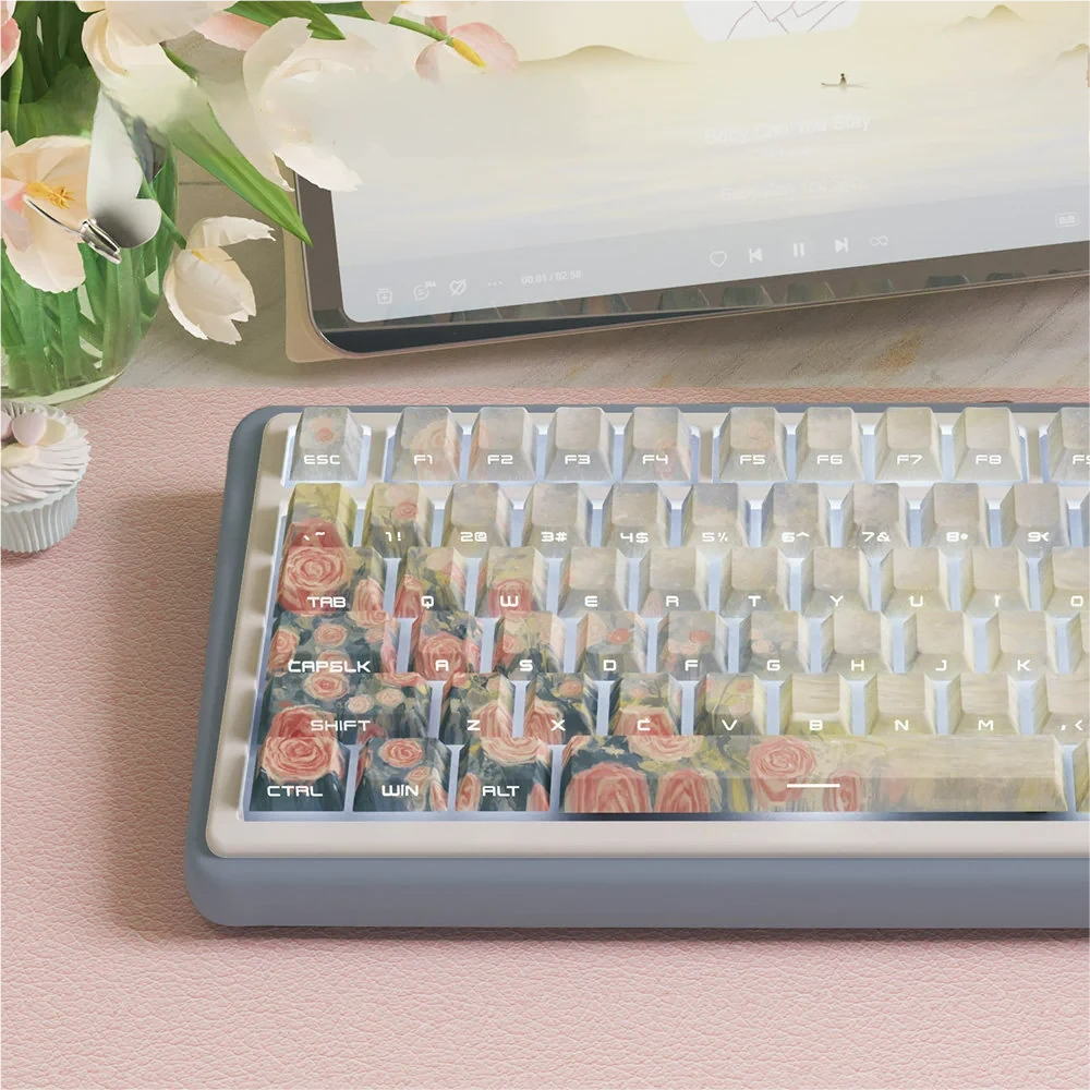 Close-up of Twilight Song keycaps, highlighting the smooth PBT texture and dye-sublimated legends