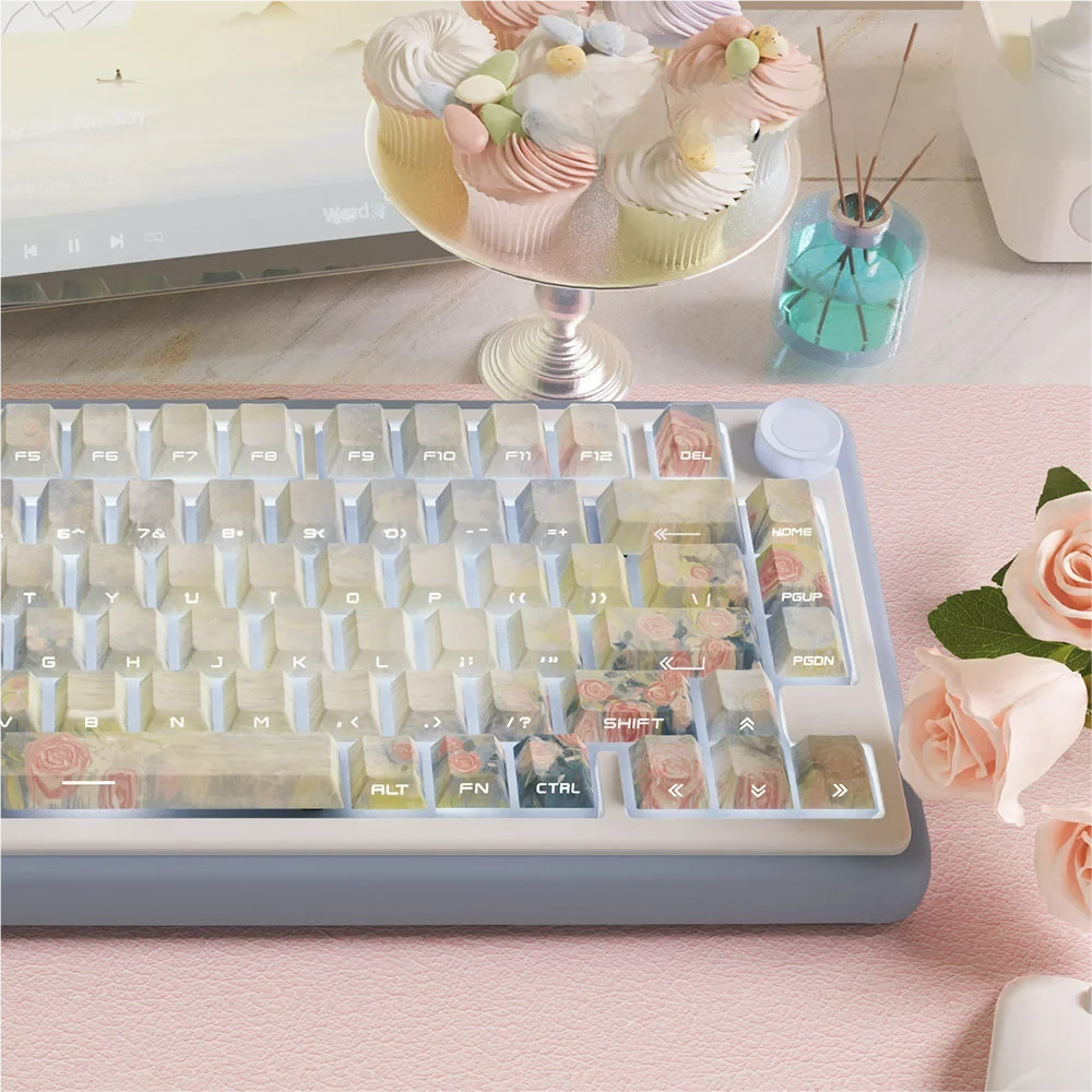 Overhead view of the Twilight Song keycap set gradient, transitioning from light to dark hues