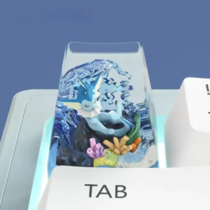 Handcrafted Vaporeon artisan keycap made from transparent resin, showcasing aquatic blues