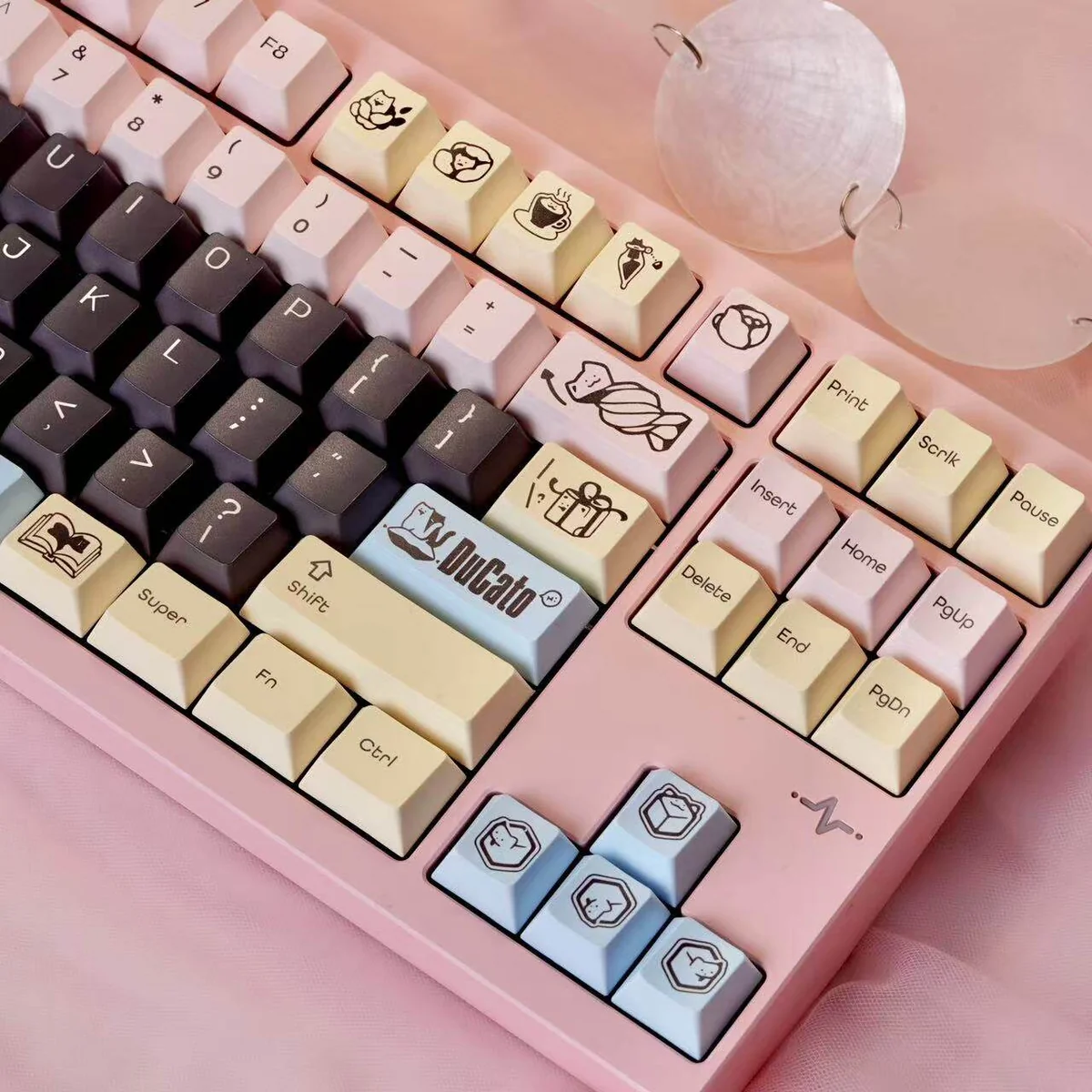Detail shot of DuCato character keycaps and Cherry profile design