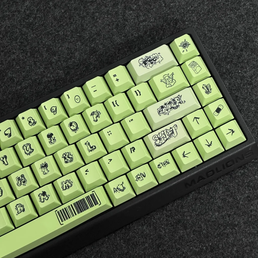 Close-up of vibrant graffiti designs on Cherry profile keycaps