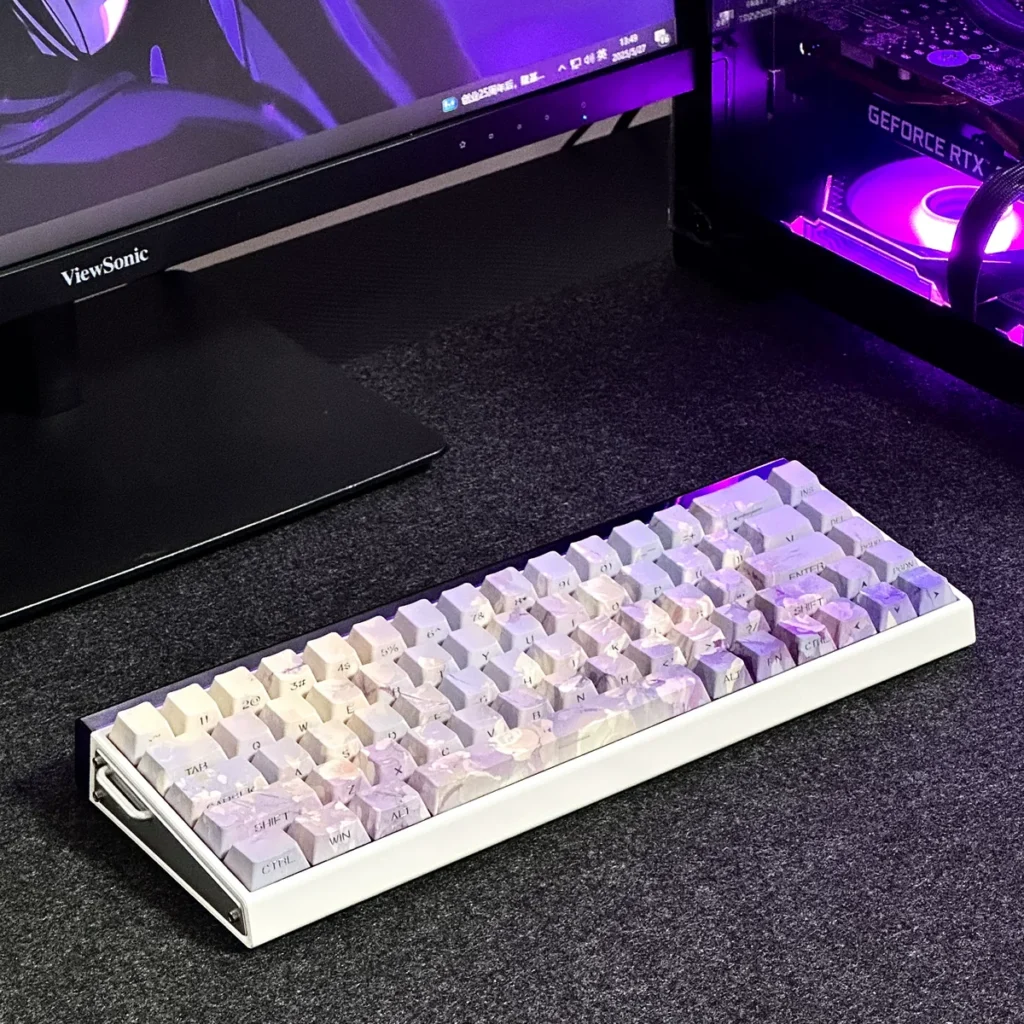 Violet Fragrance PBT Keycap Set with side-engraved legends on a mechanical keyboard