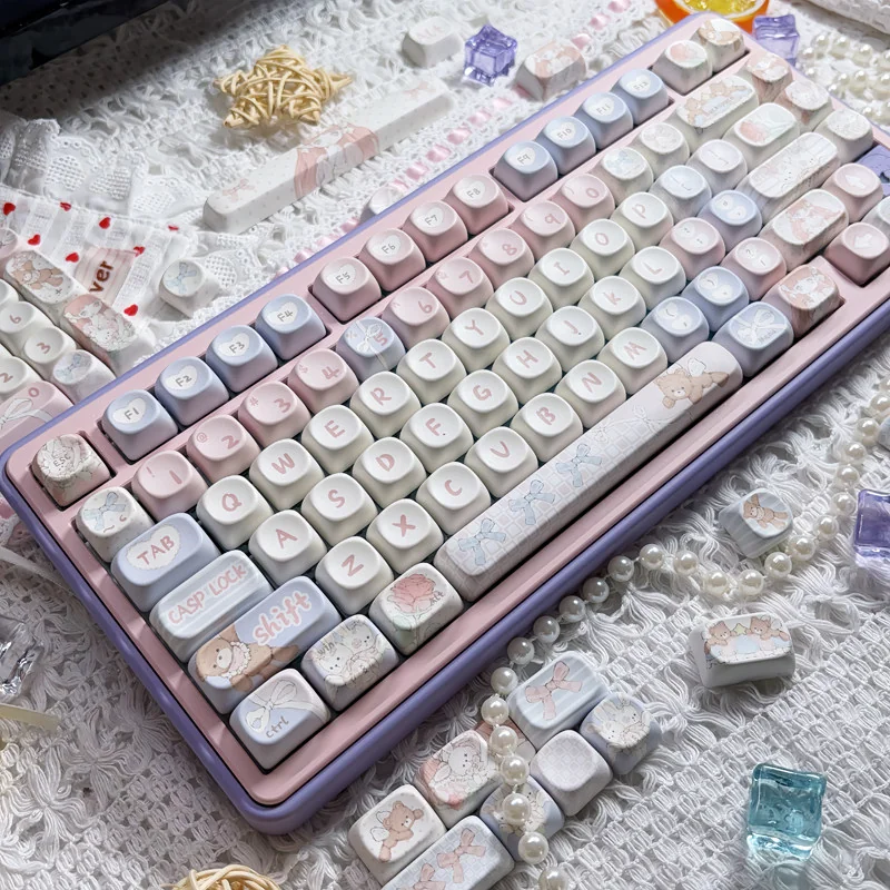 Detail of Angel Bear graphic on pink PBT keycap