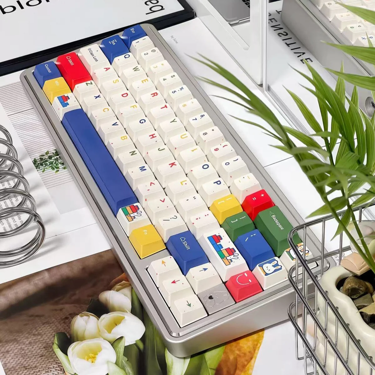 Lifestyle image of the Whimsical C Rabbit keycap set enhancing a charming desk setup