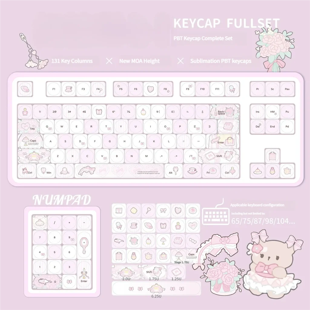 Full view of a mechanical keyboard adorned with the Sweet Milk Candy keycaps, creating a charming and sweet aesthetic.