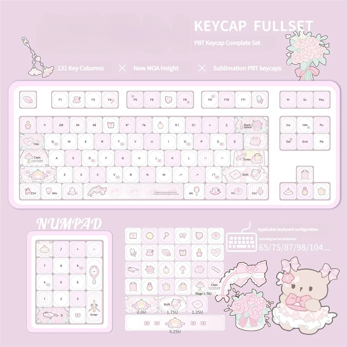 Full view of a mechanical keyboard adorned with the Sweet Milk Candy keycaps, creating a charming and sweet aesthetic.