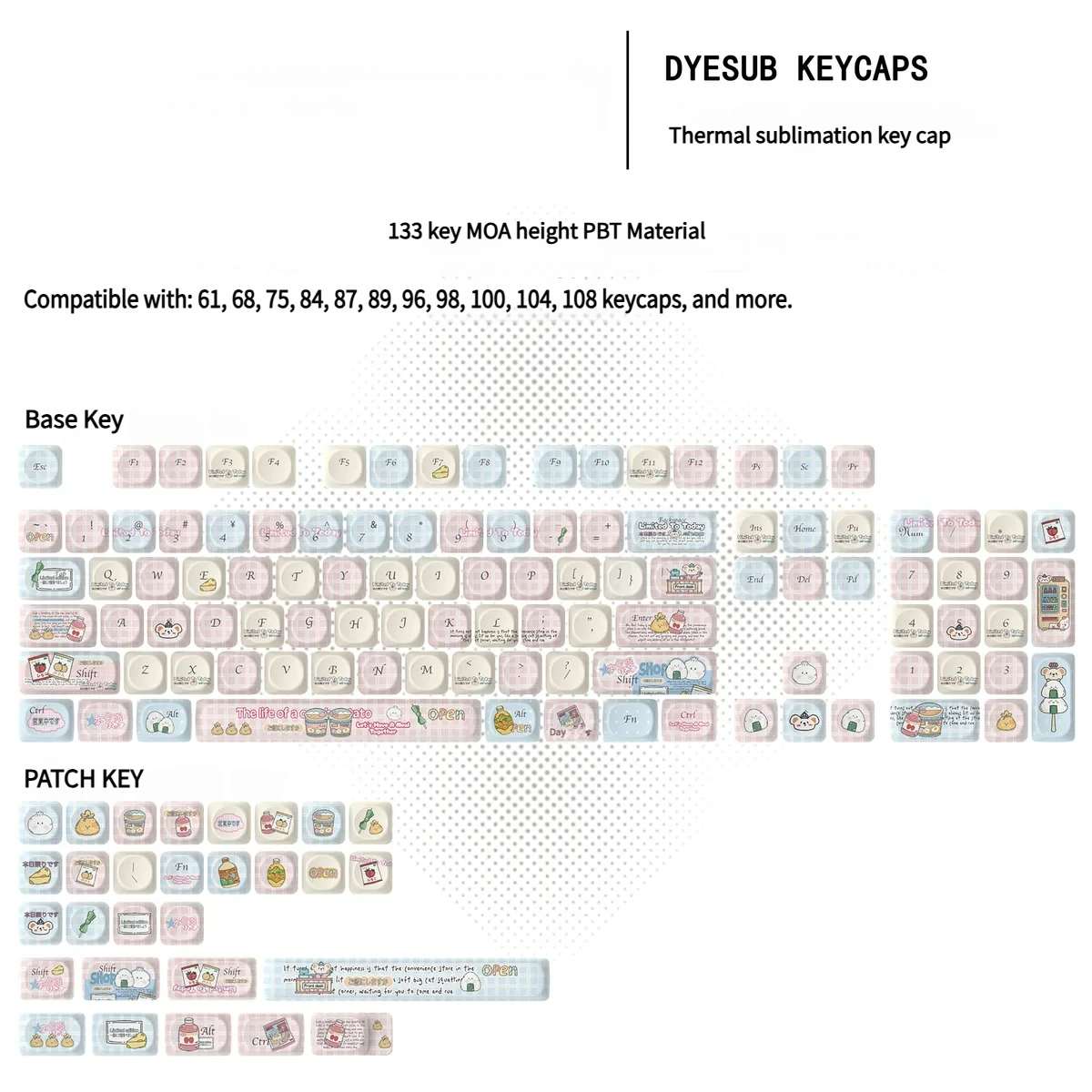 Whimsical MOA profile keycaps with convenience store items