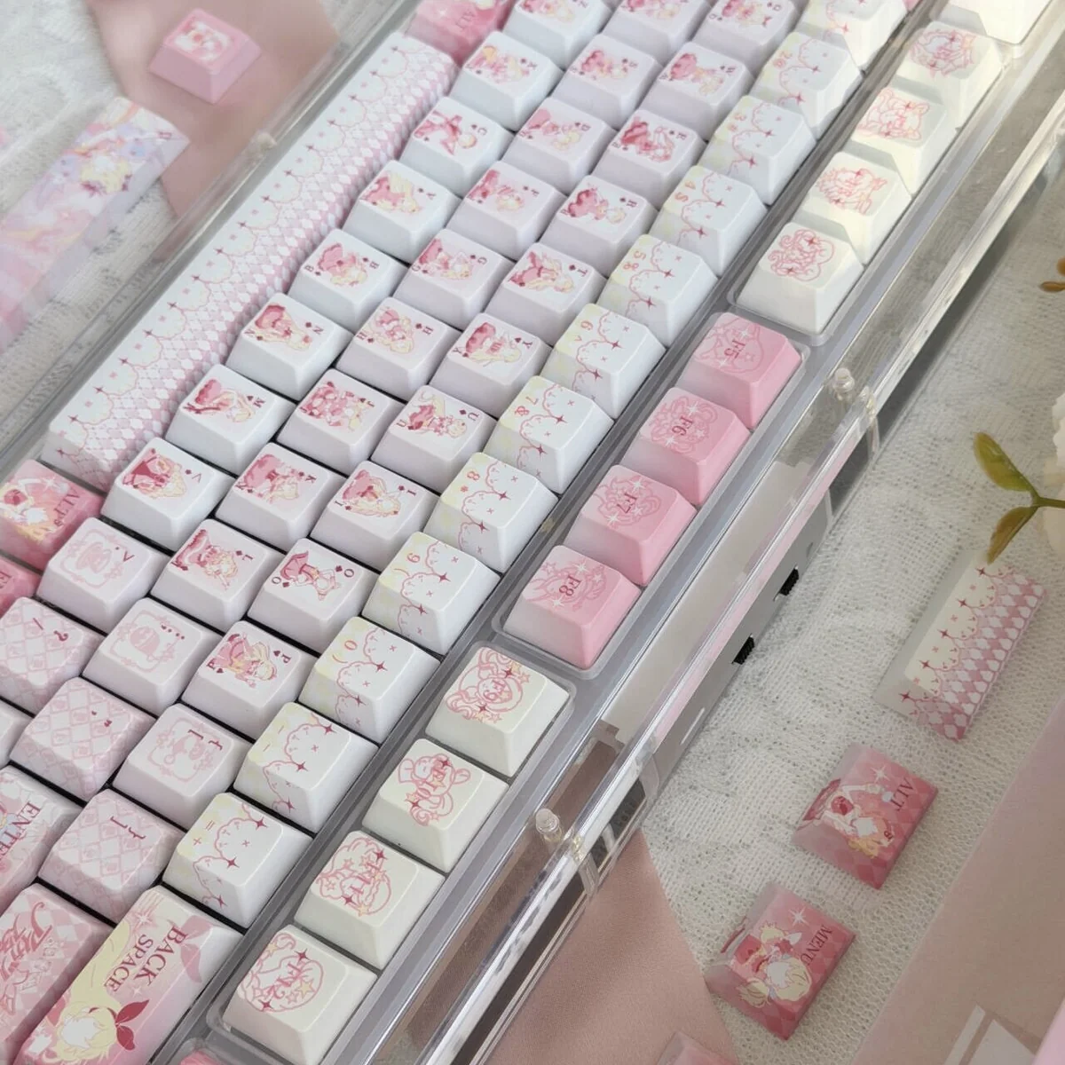Macro shot of dye-sublimated legends on Aikatsu! PBT keycaps
