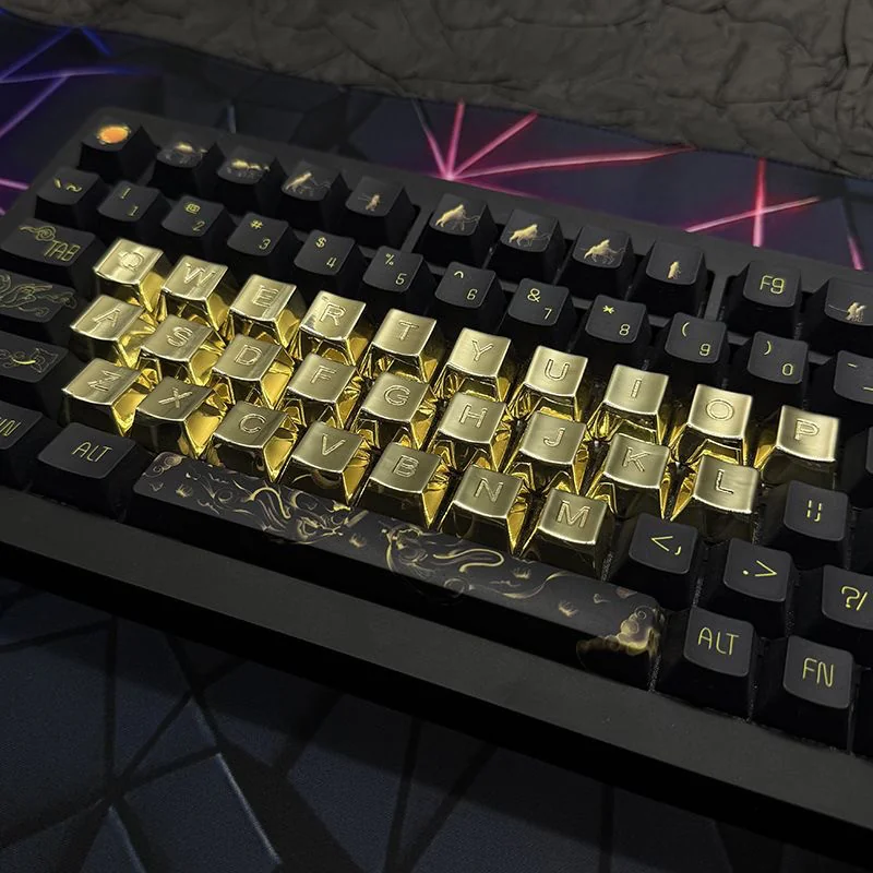Close-up of a mechanical keyboard featuring the Handcrafted Letter Keycap Set