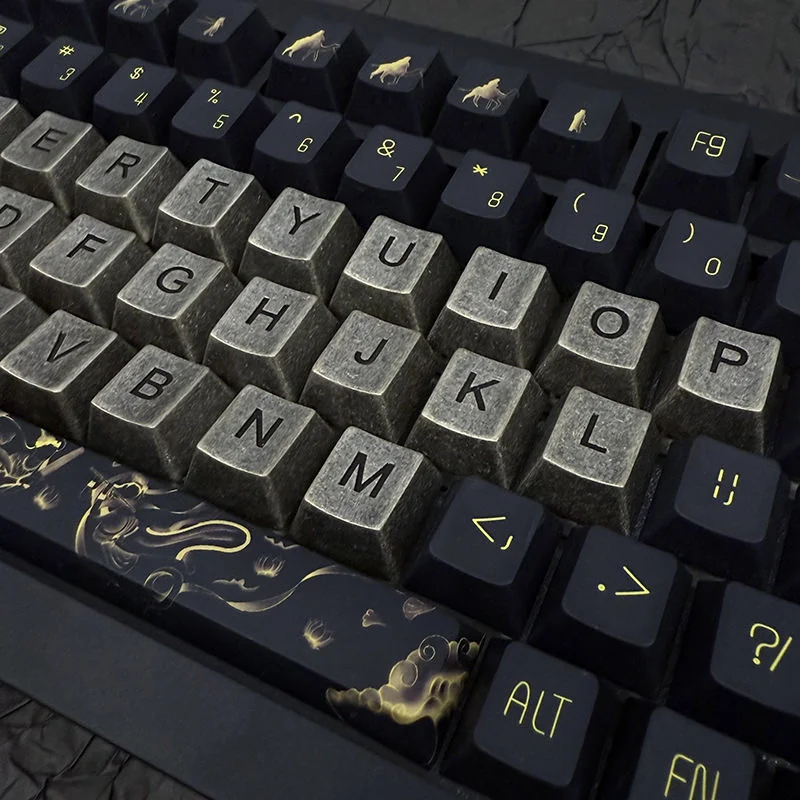 White Copper Alphabet Keycap Set with an antique finish, highlighting its unique texture